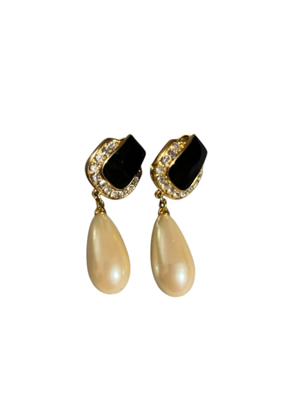Vintage Gold-Tone Black Pearl Teardrop Drop Clip Dangle Earrings